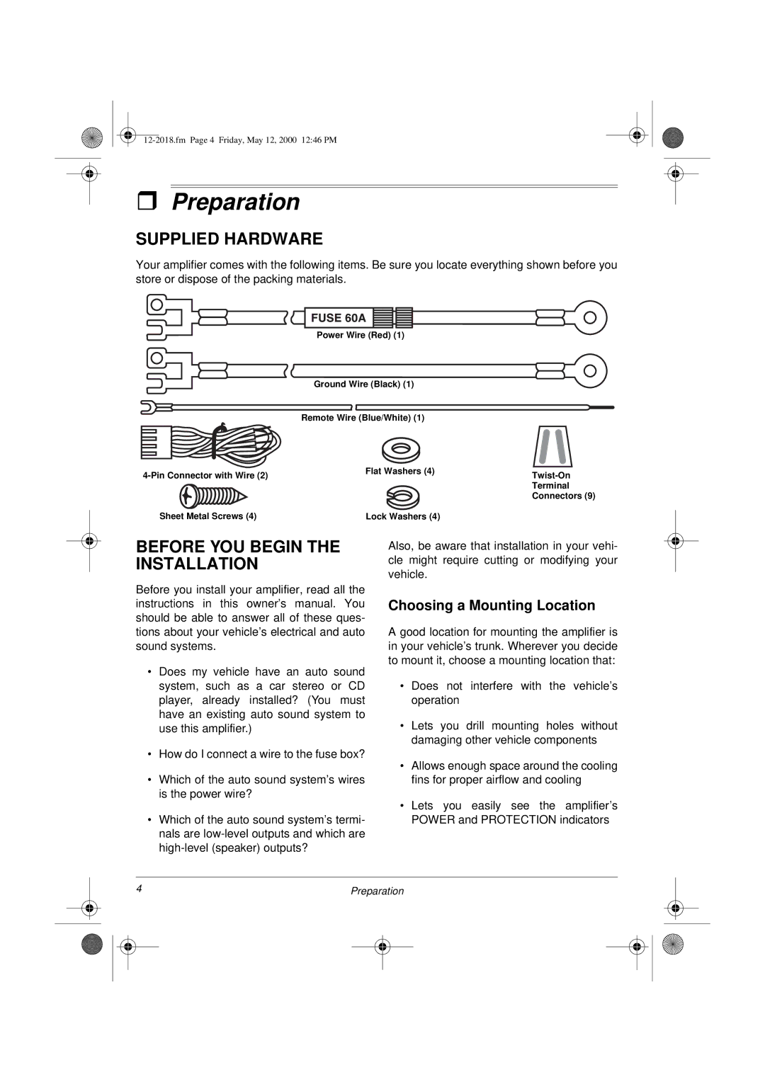 Radio Shack XL-400 Preparation, Supplied Hardware, Before YOU Begin the Installation, Choosing a Mounting Location 