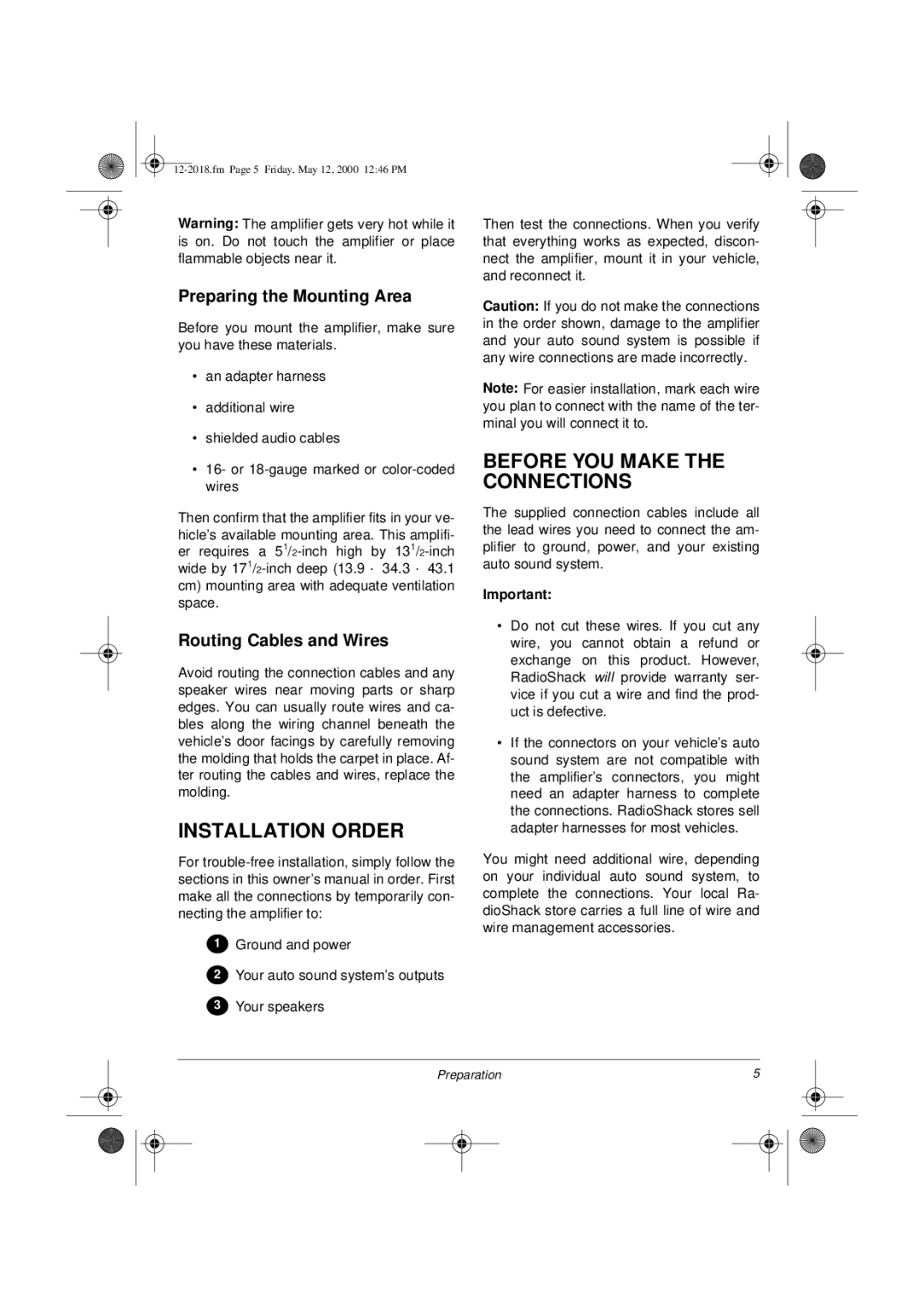 Radio Shack XL-400 owner manual Installation Order, Before YOU Make the Connections, Preparing the Mounting Area 