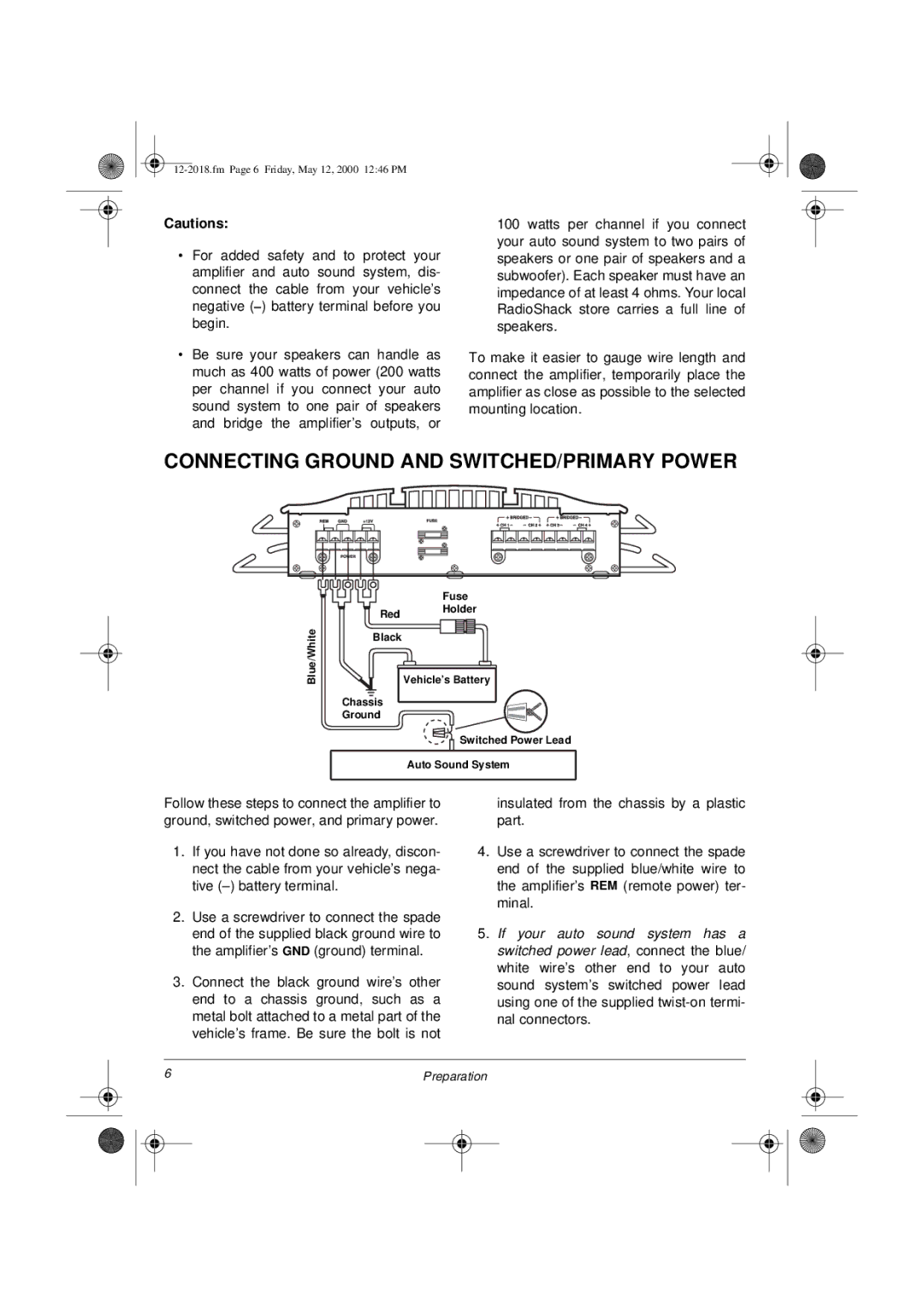 Radio Shack XL-400 owner manual Connecting Ground and SWITCHED/PRIMARY Power 