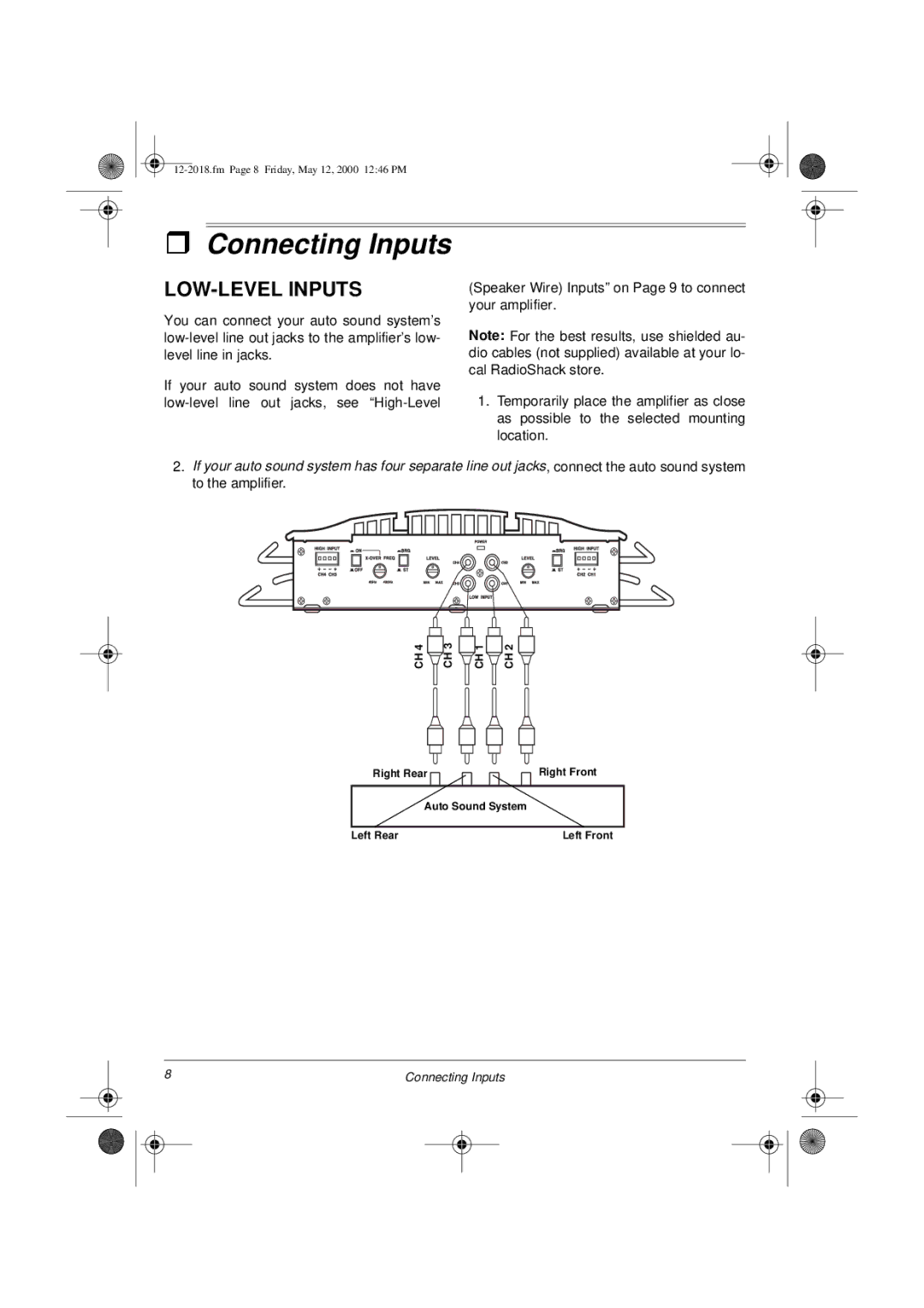 Radio Shack XL-400 owner manual Connecting Inputs, LOW-LEVEL Inputs 