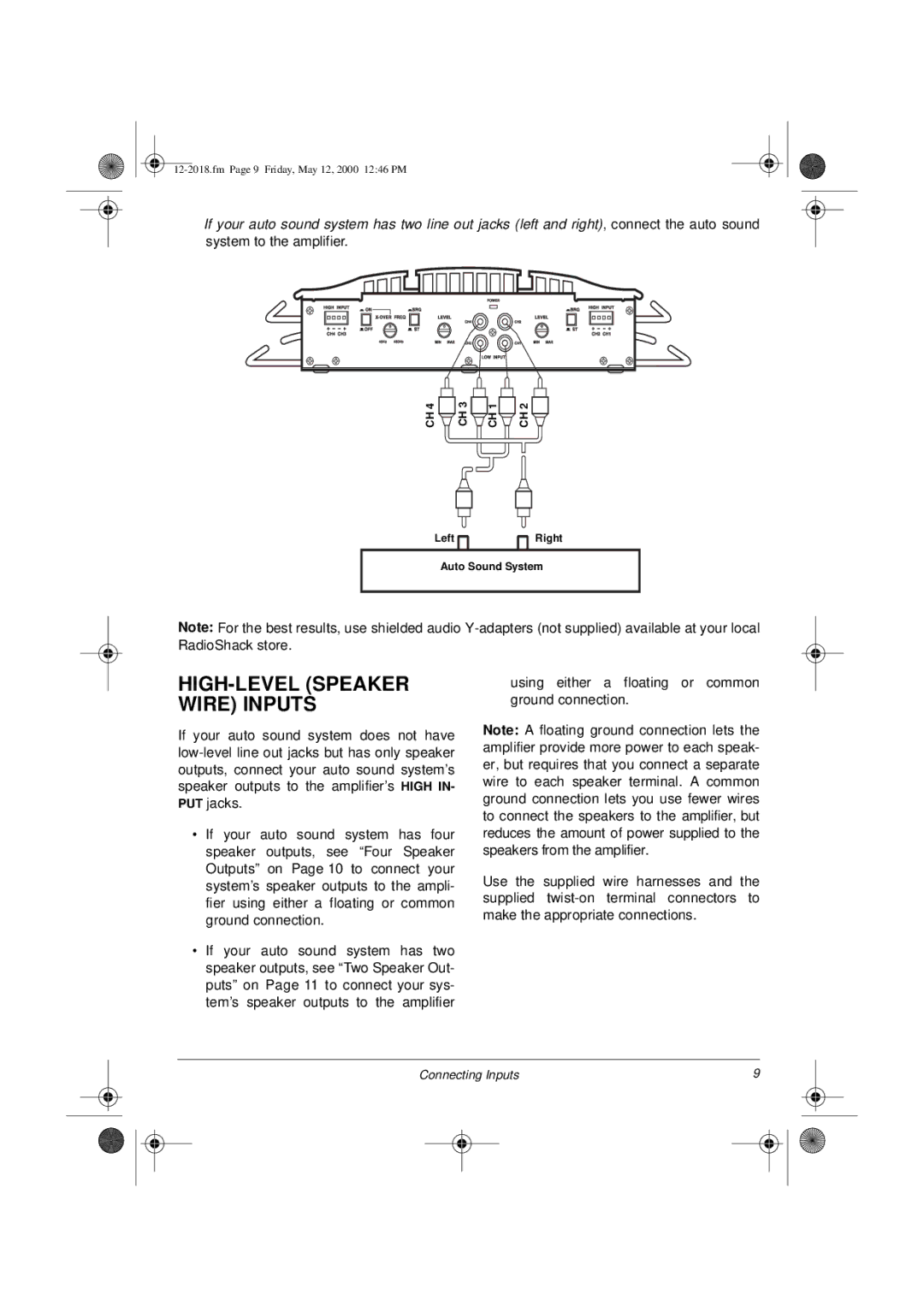 Radio Shack XL-400 owner manual HIGH-LEVEL Speaker Wire Inputs, Using either a floating or common ground connection 