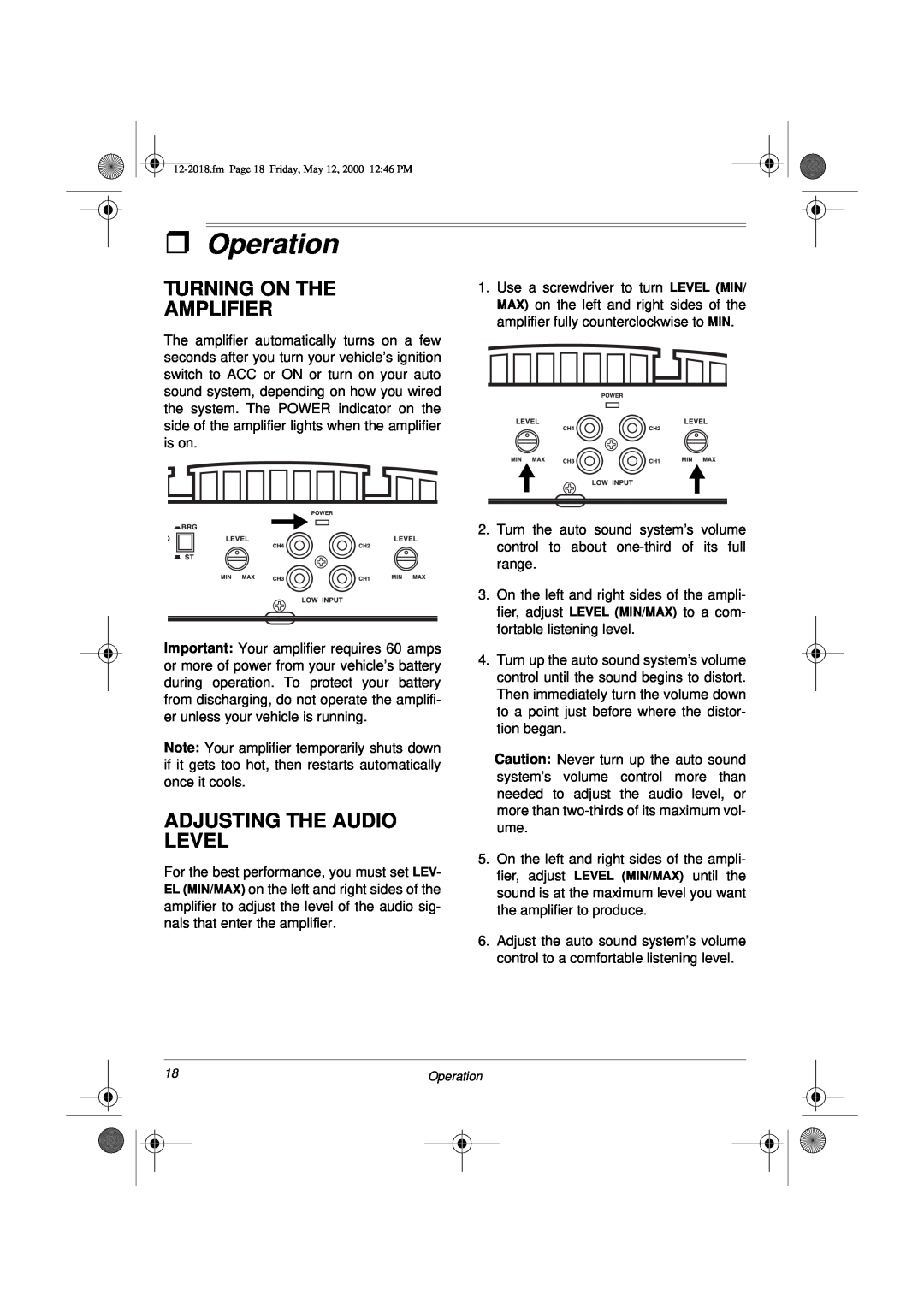 Radio Shack XL-400 owner manual ˆOperation, Turning On The Amplifier, Adjusting The Audio Level 