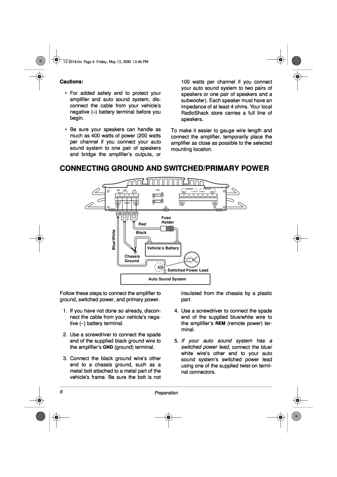 Radio Shack XL-400 owner manual Connecting Ground And Switched/Primary Power, Cautions 