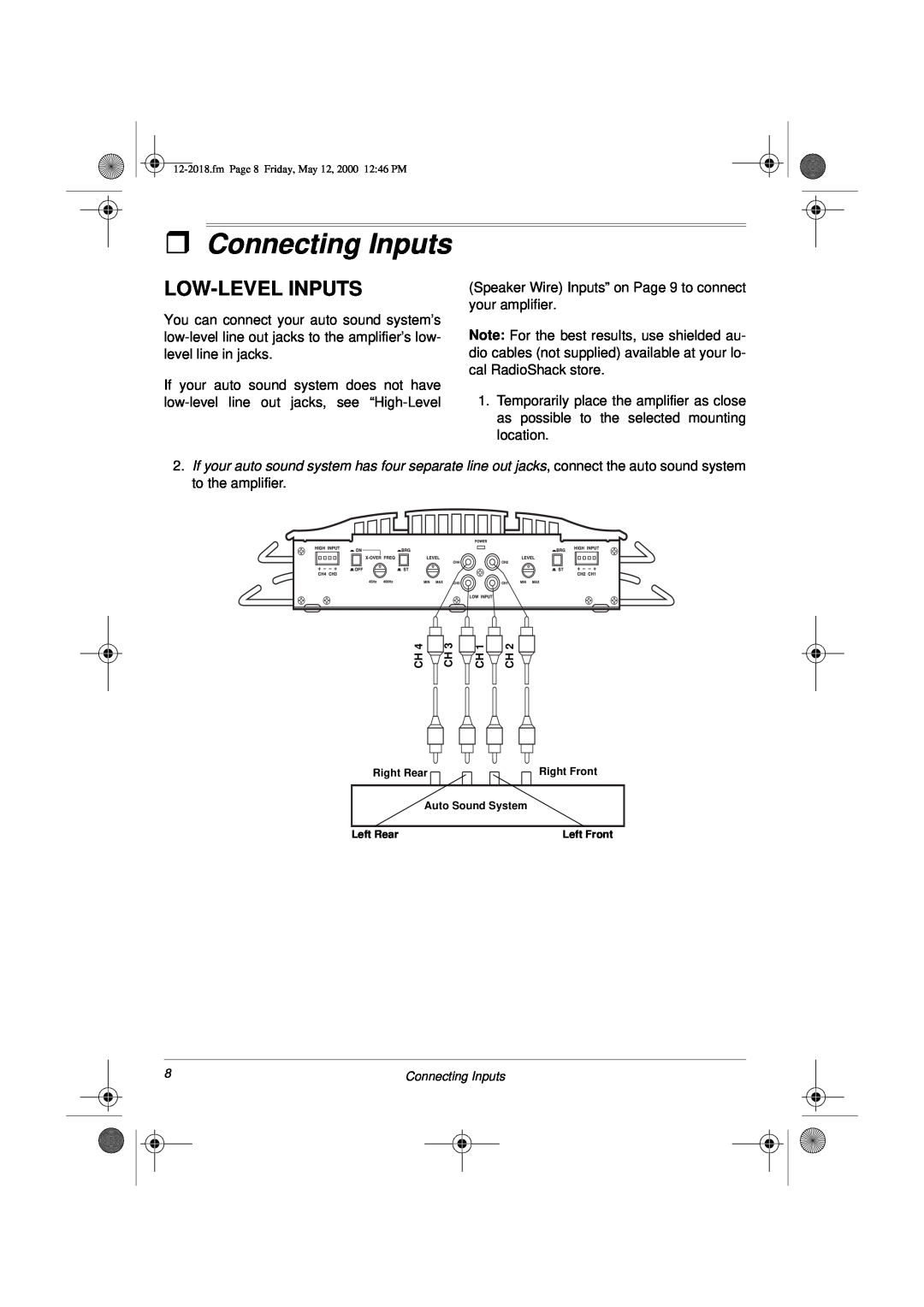 Radio Shack XL-400 owner manual ˆConnecting Inputs, Low-Levelinputs 