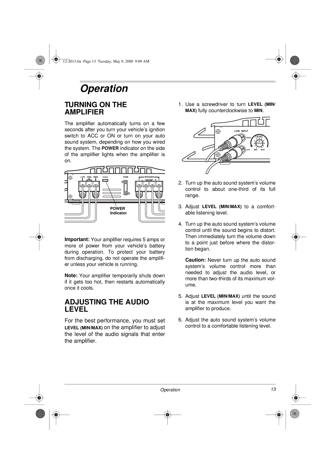 Radio Shack XL-50 owner manual Operation, Turning on Amplifier, Adjusting the Audio Level 