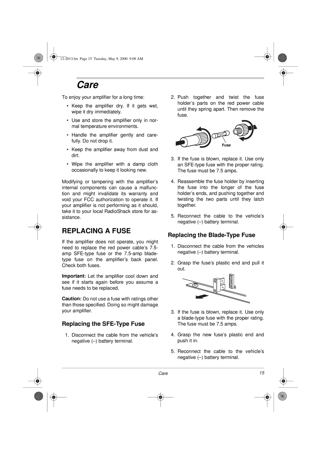 Radio Shack XL-50 owner manual Care, Replacing a Fuse, Replacing the SFE-Type Fuse, Replacing the Blade-Type Fuse 