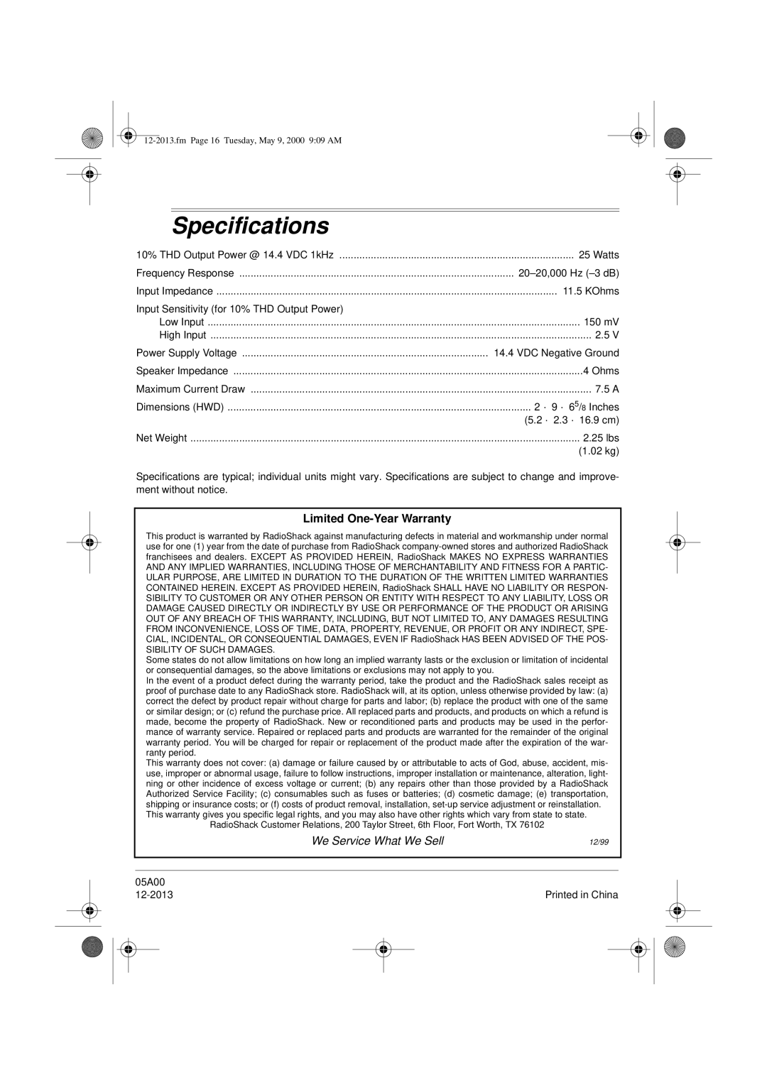 Radio Shack XL-50 owner manual Specifications, Limited One-Year Warranty 