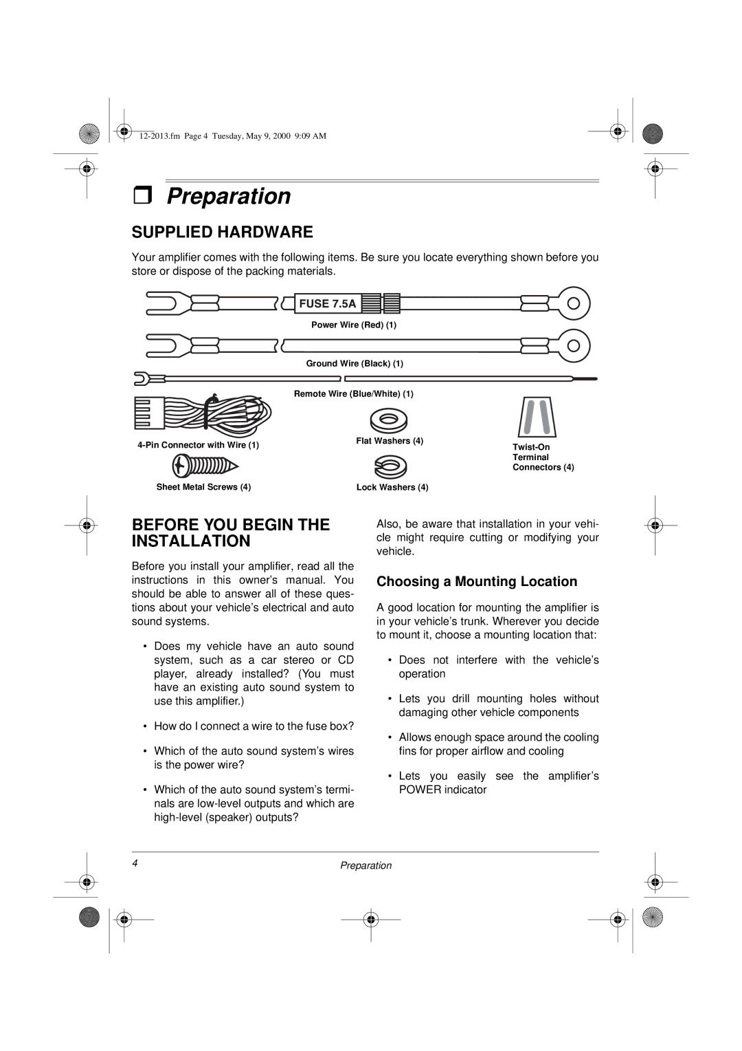 Radio Shack XL-50 Preparation, Supplied Hardware, Before YOU Begin the Installation, Choosing a Mounting Location 