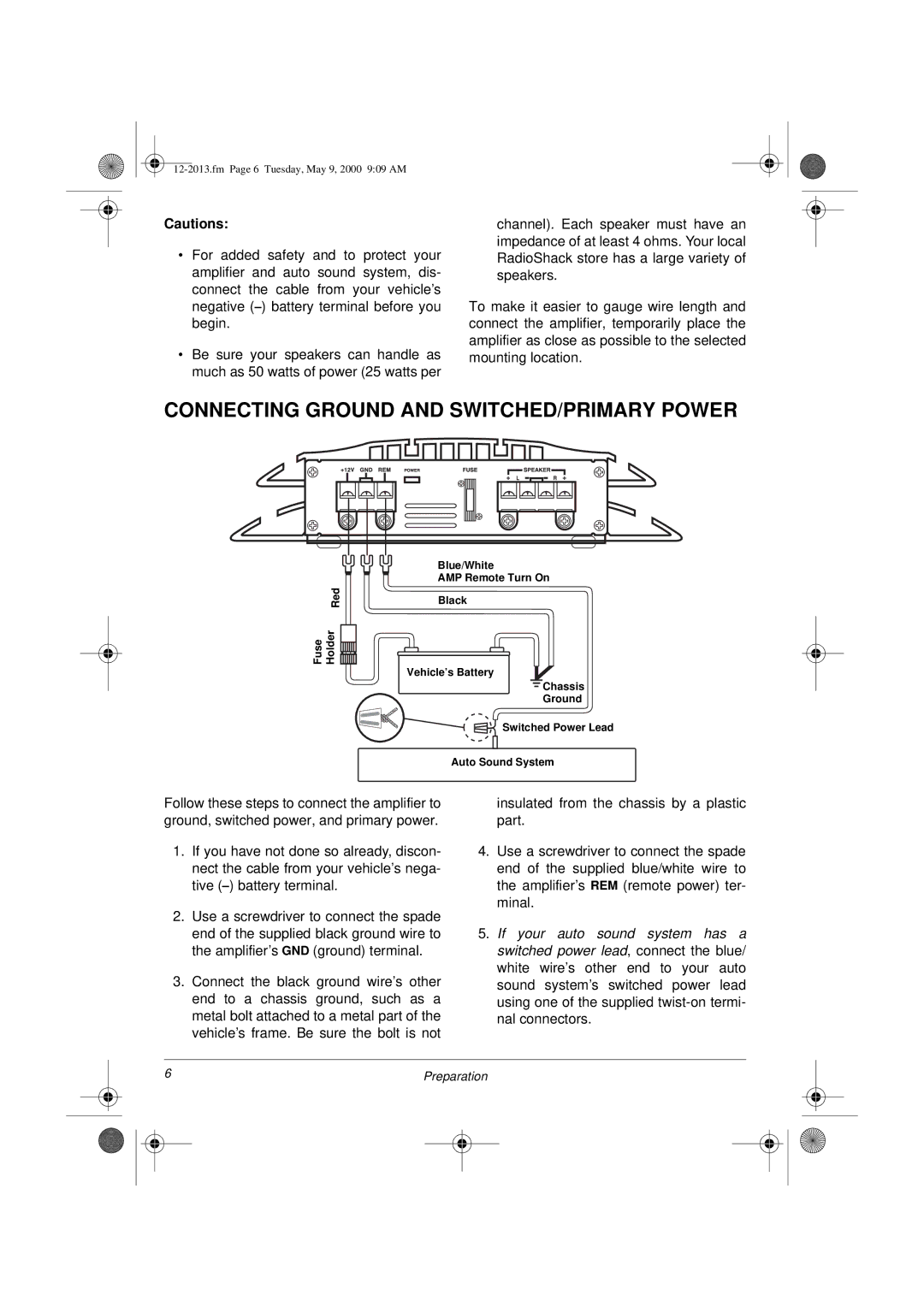 Radio Shack XL-50 owner manual Connecting Ground and SWITCHED/PRIMARY Power 