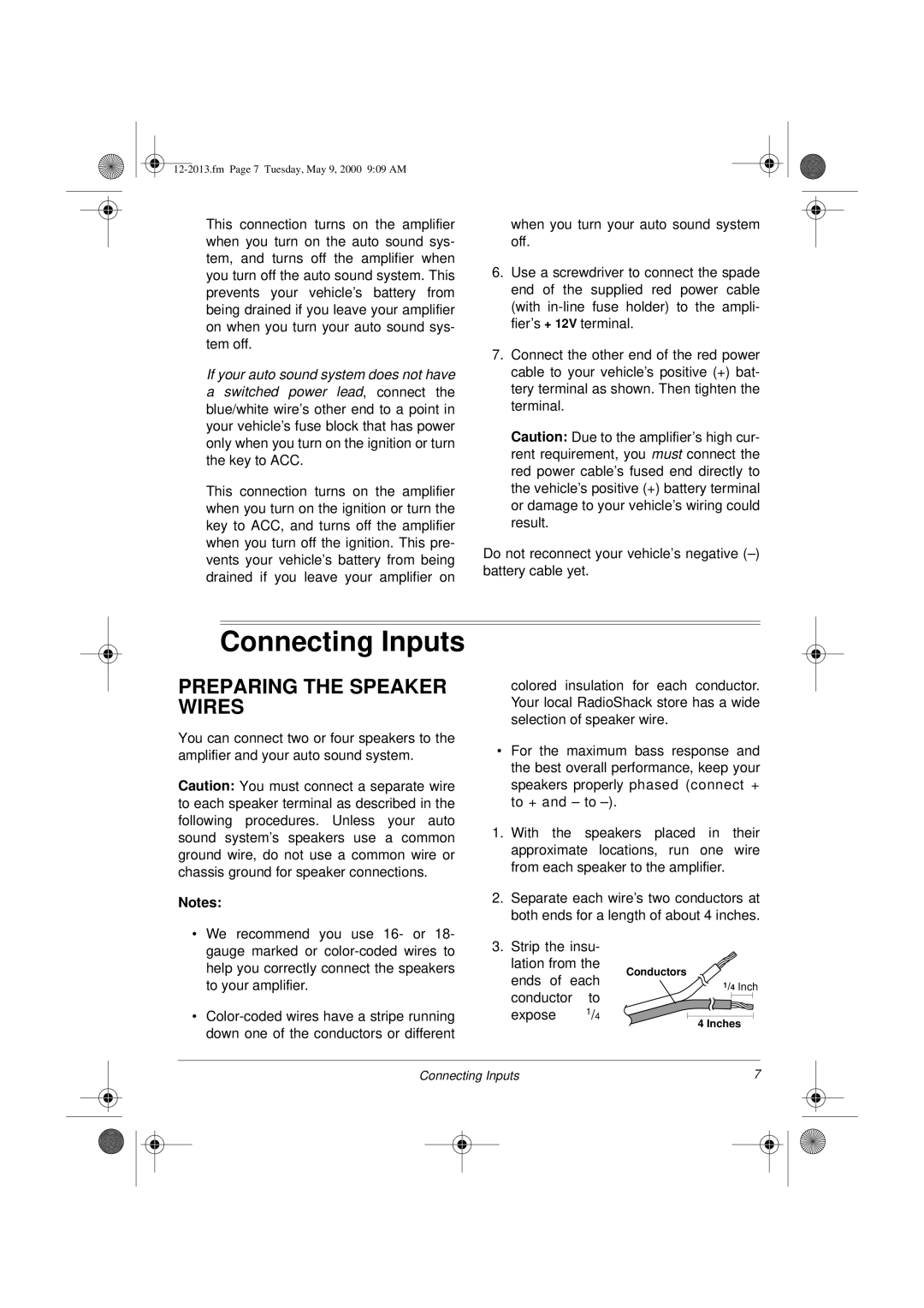 Radio Shack XL-50 owner manual Connecting Inputs, Preparing the Speaker Wires 