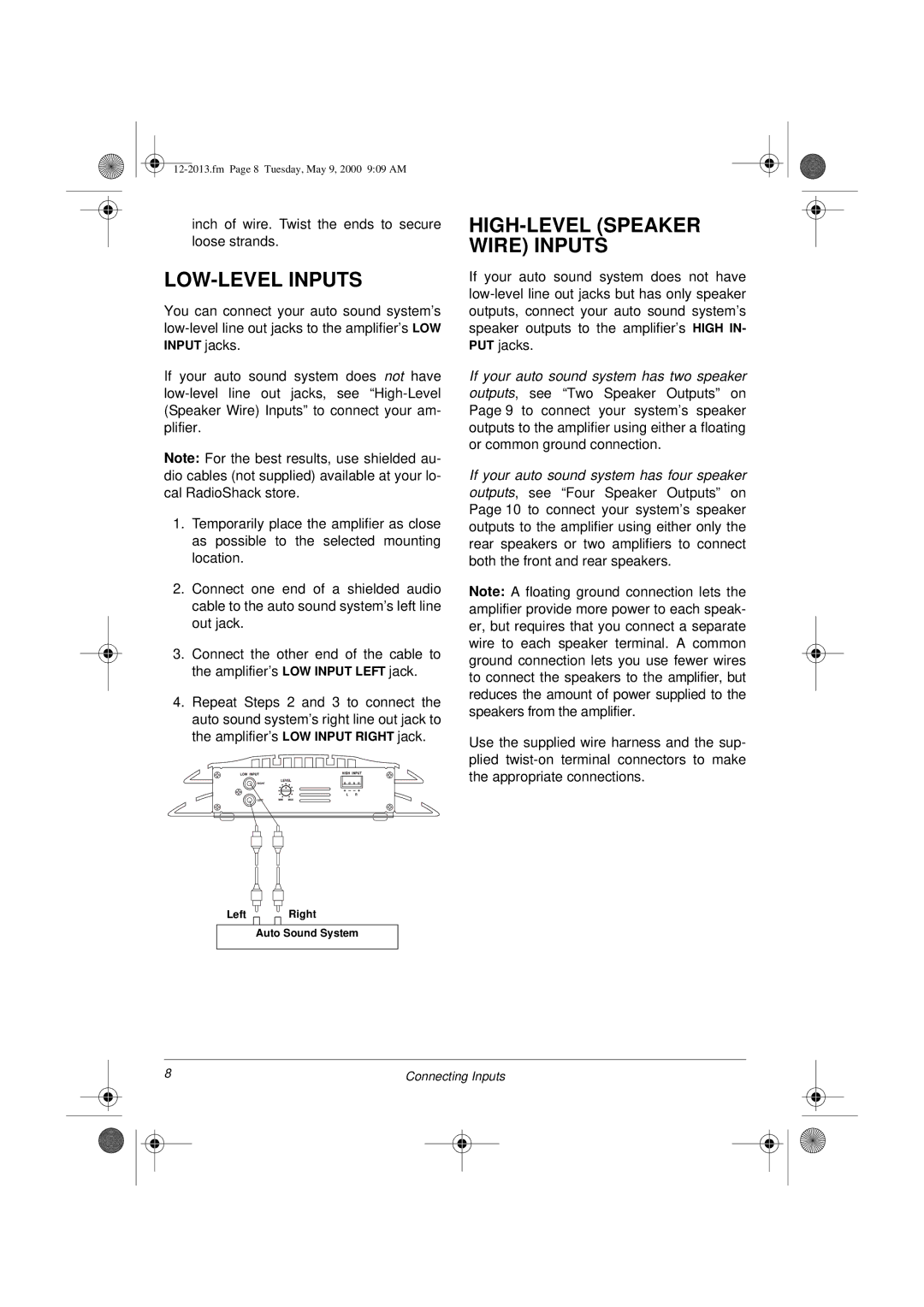 Radio Shack XL-50 owner manual LOW-LEVEL Inputs, HIGH-LEVEL Speaker Wire Inputs 