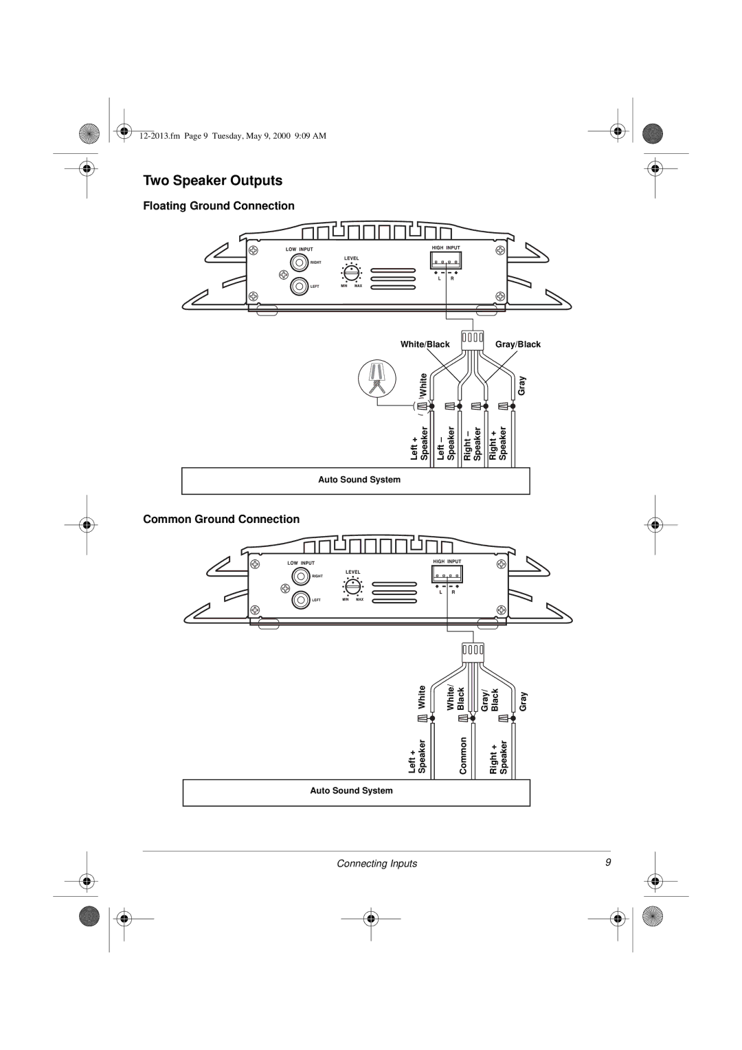 Radio Shack XL-50 owner manual Two Speaker Outputs, Floating Ground Connection, Common Ground Connection 