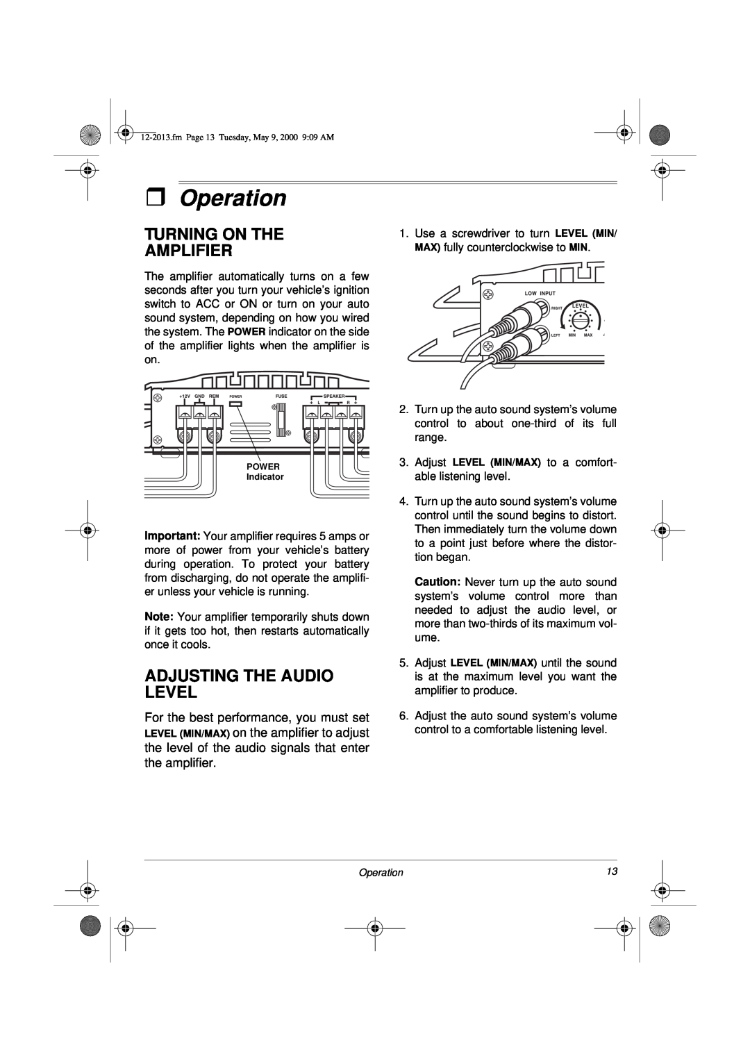 Radio Shack XL-50 owner manual ˆOperation, Turning On The Amplifier, Adjusting The Audio Level 