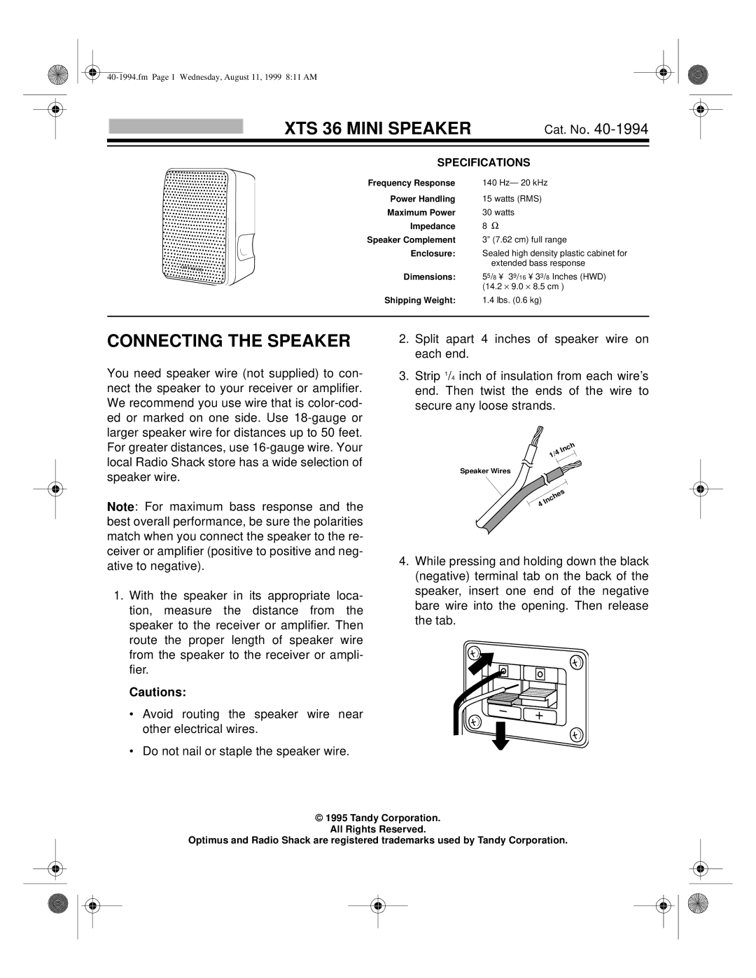 Radio Shack specifications XTS 36 Mini Speaker, Specifications 