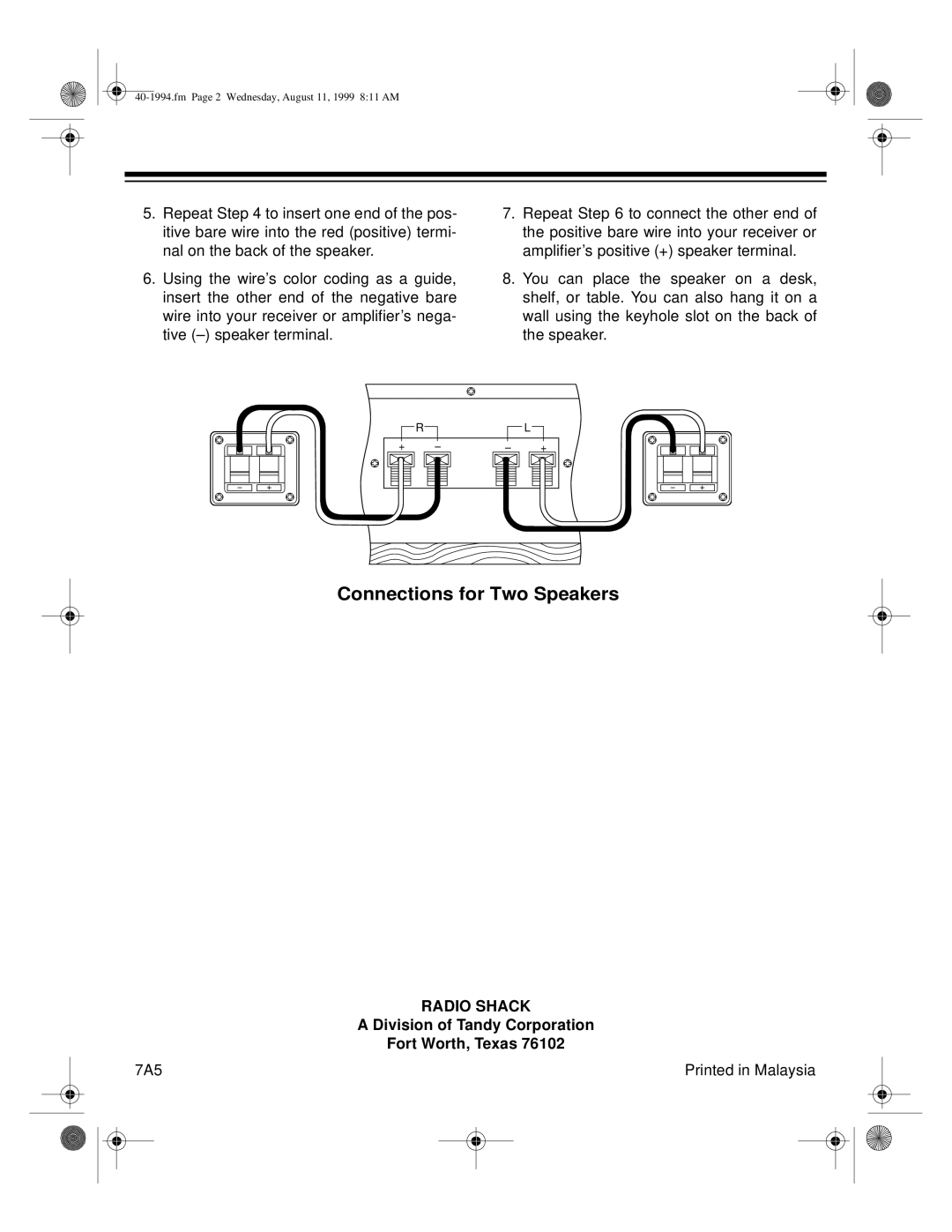 Radio Shack XTS 36 specifications Connections for Two Speakers 