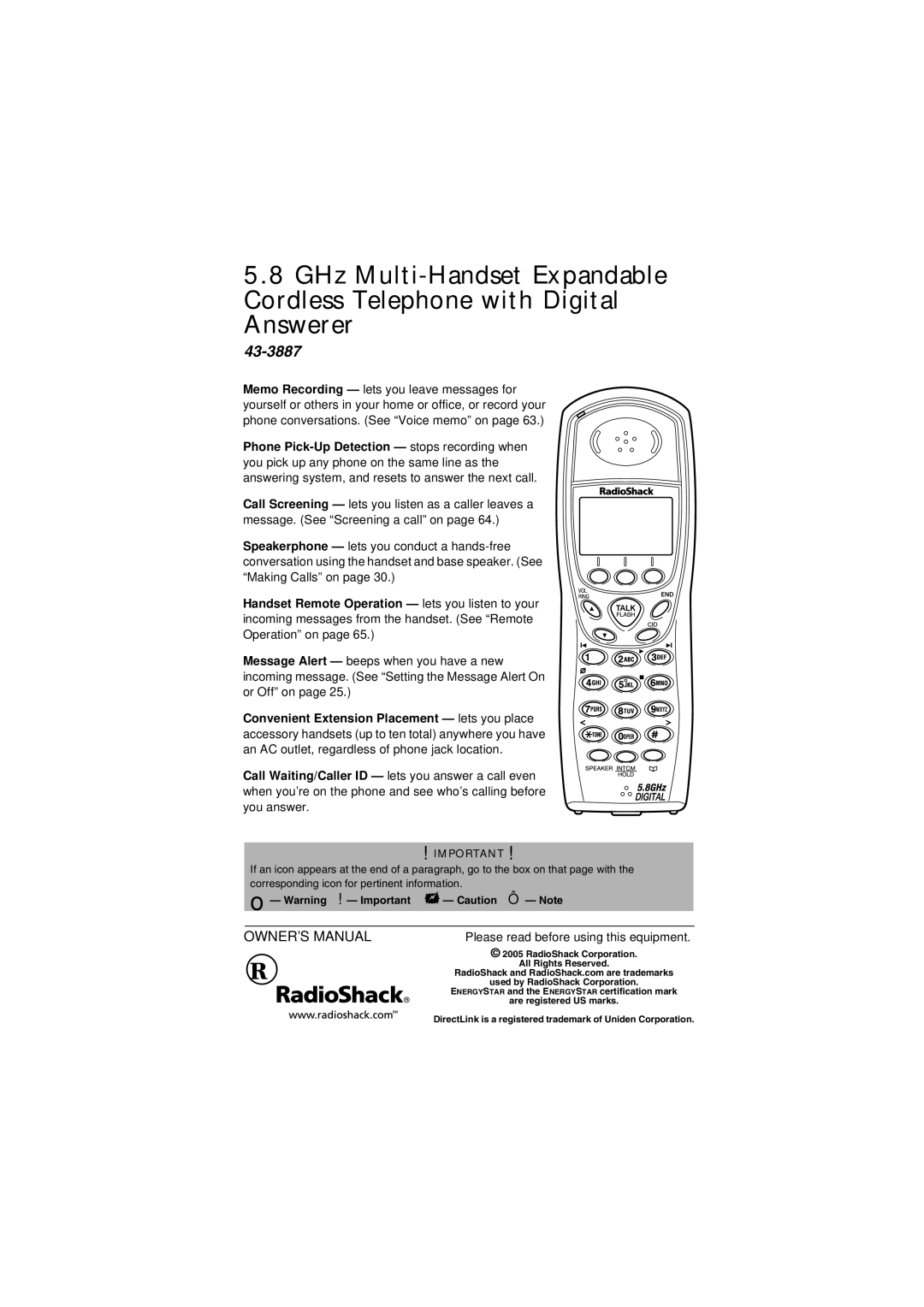 Radio Shack 5.8 GHz Multi-Handset Expandable Cordless Telephone with Digital Answerer owner manual 43-3887 