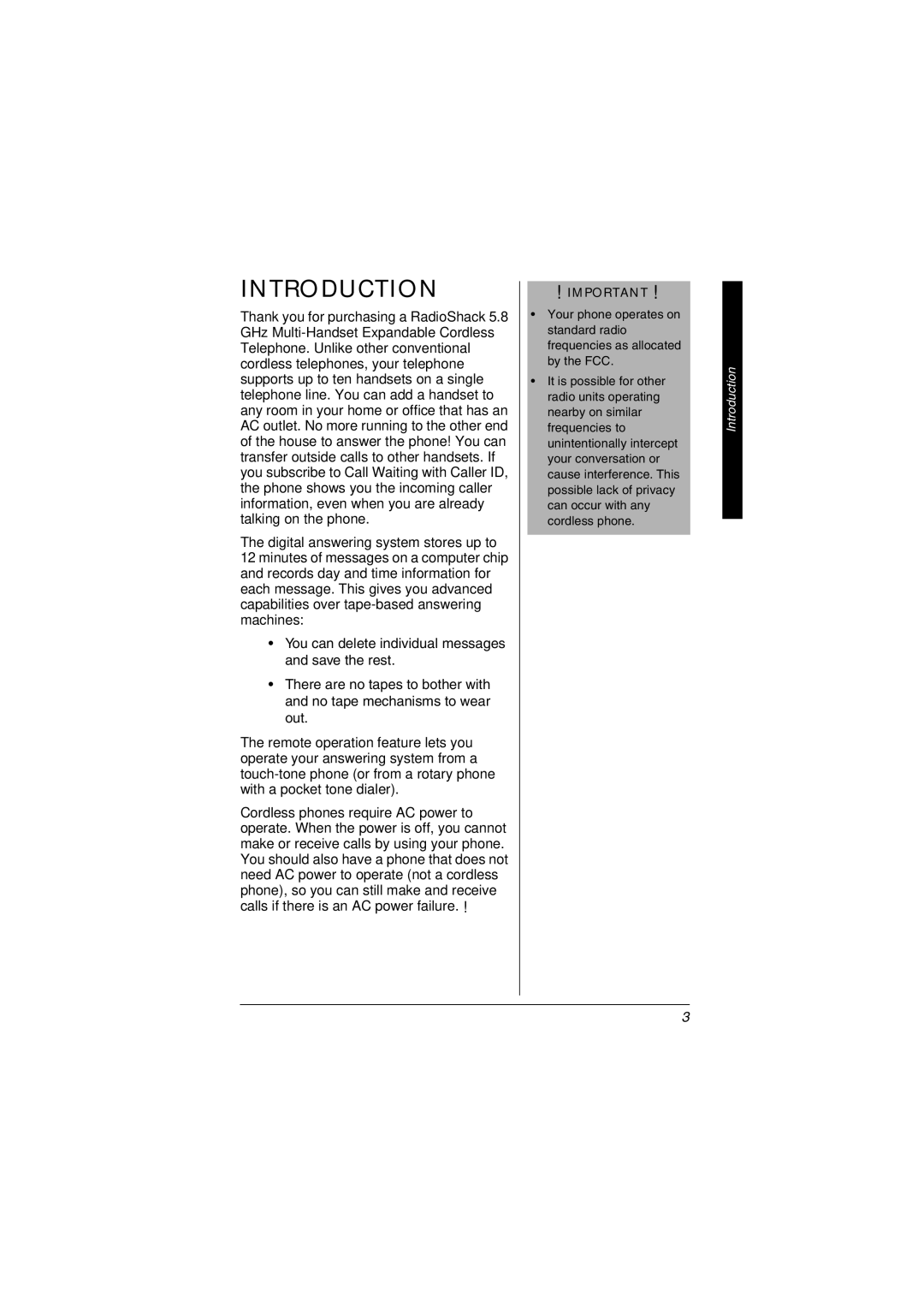 Radio Shack 5.8 GHz Multi-Handset Expandable Cordless Telephone with Digital Answerer owner manual Introduction 