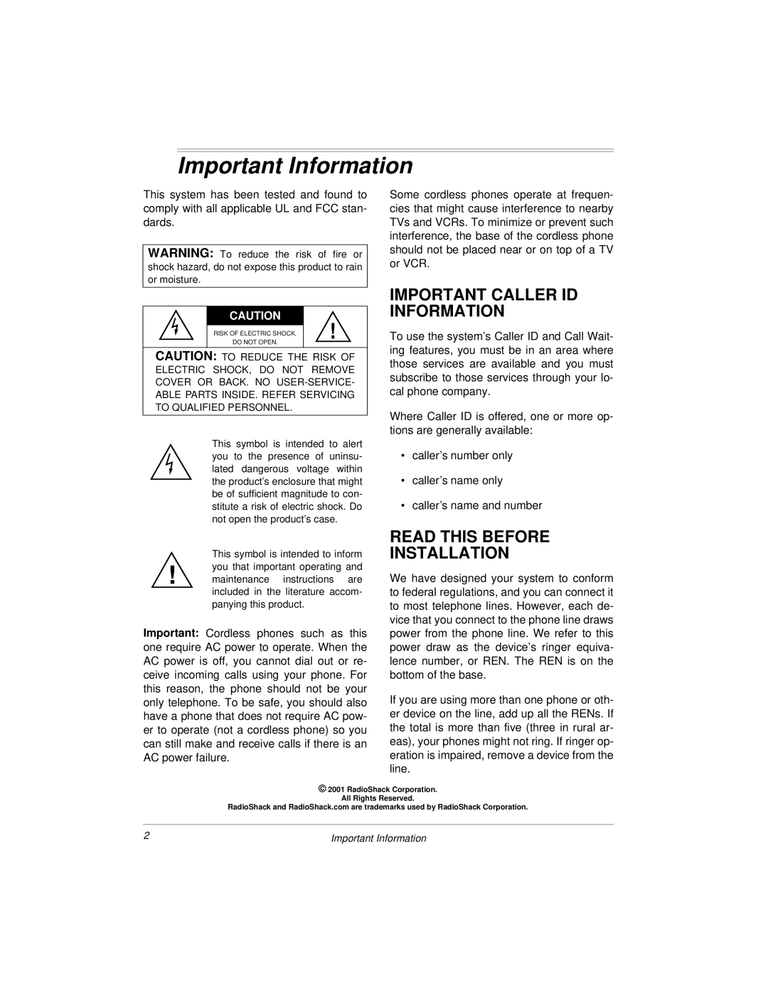 Radio Shack Digital Answering System with Caller ID Deluxe and 2.4 GHz Digital Spread Spectrum Cordless Phone owner manual 