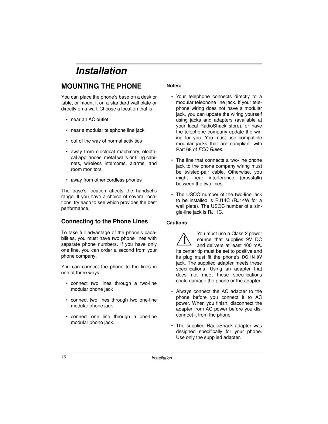 Radio Shack 2.4 GHz 2-Line Digital Spread Spectrum Cordless Phone with Call Waiting/Caller ID owner manual Installation 