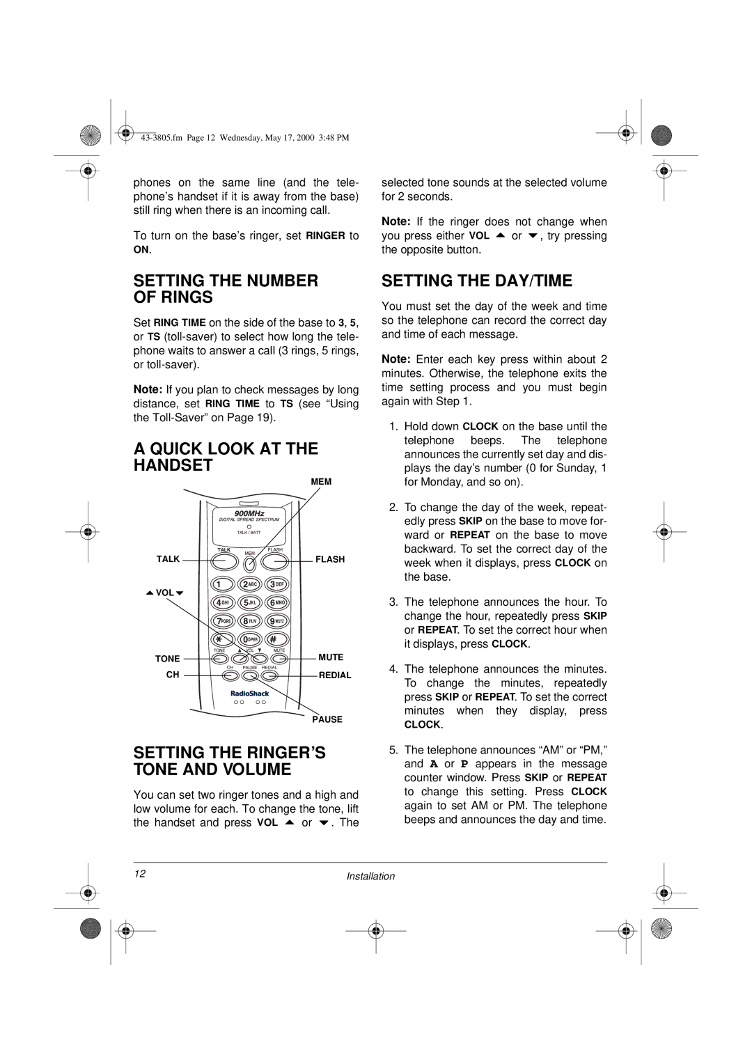 Radio Shack Digital Spread Spectrum Cordless Telephone with Digital Answering System Setting the Number of Rings 