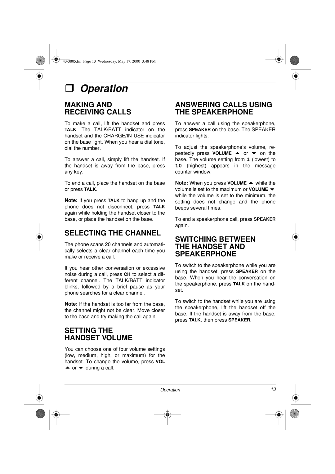 Radio Shack Digital Spread Spectrum Cordless Telephone with Digital Answering System owner manual Operation 