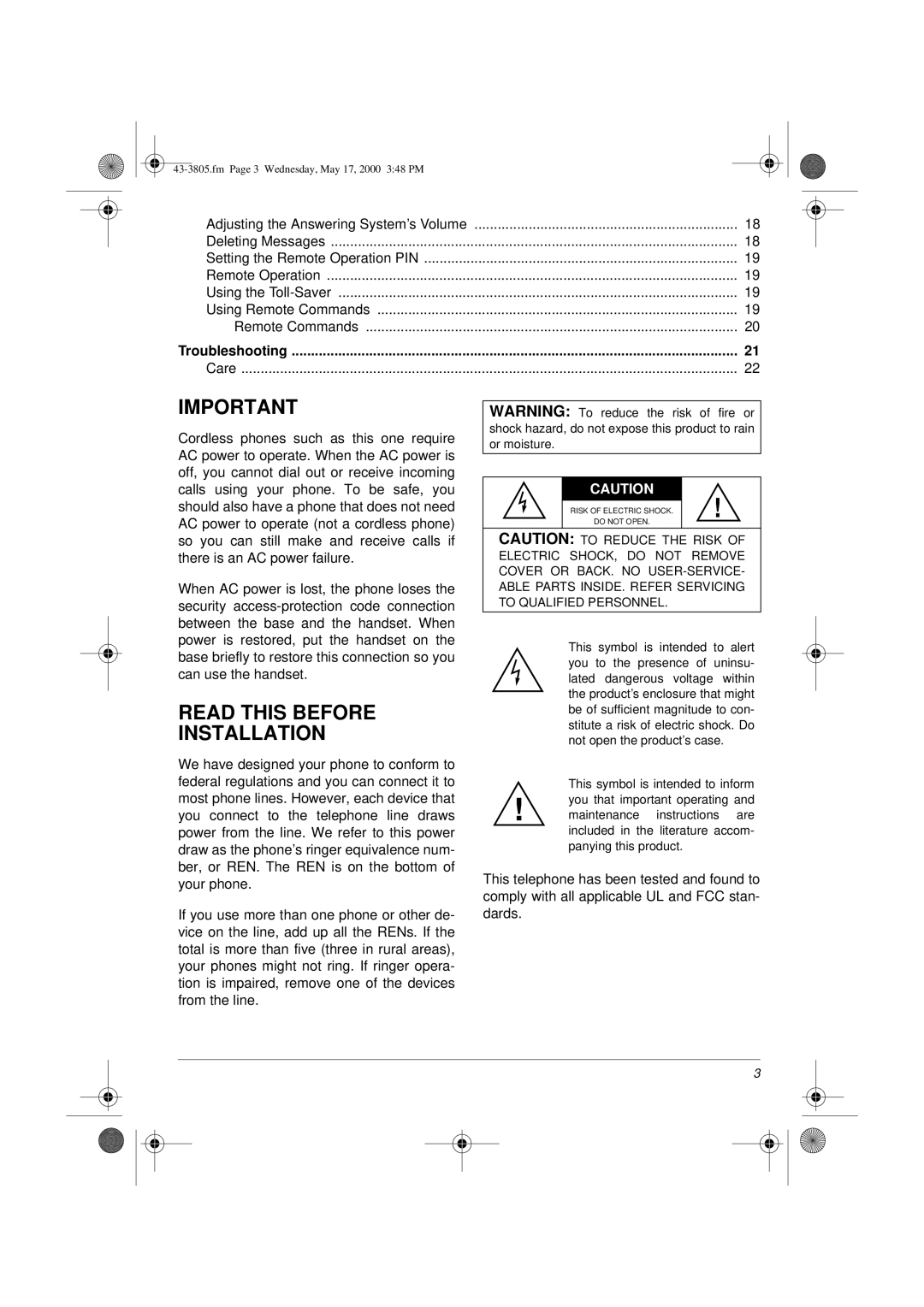 Radio Shack Digital Spread Spectrum Cordless Telephone with Digital Answering System Read this Before Installation 