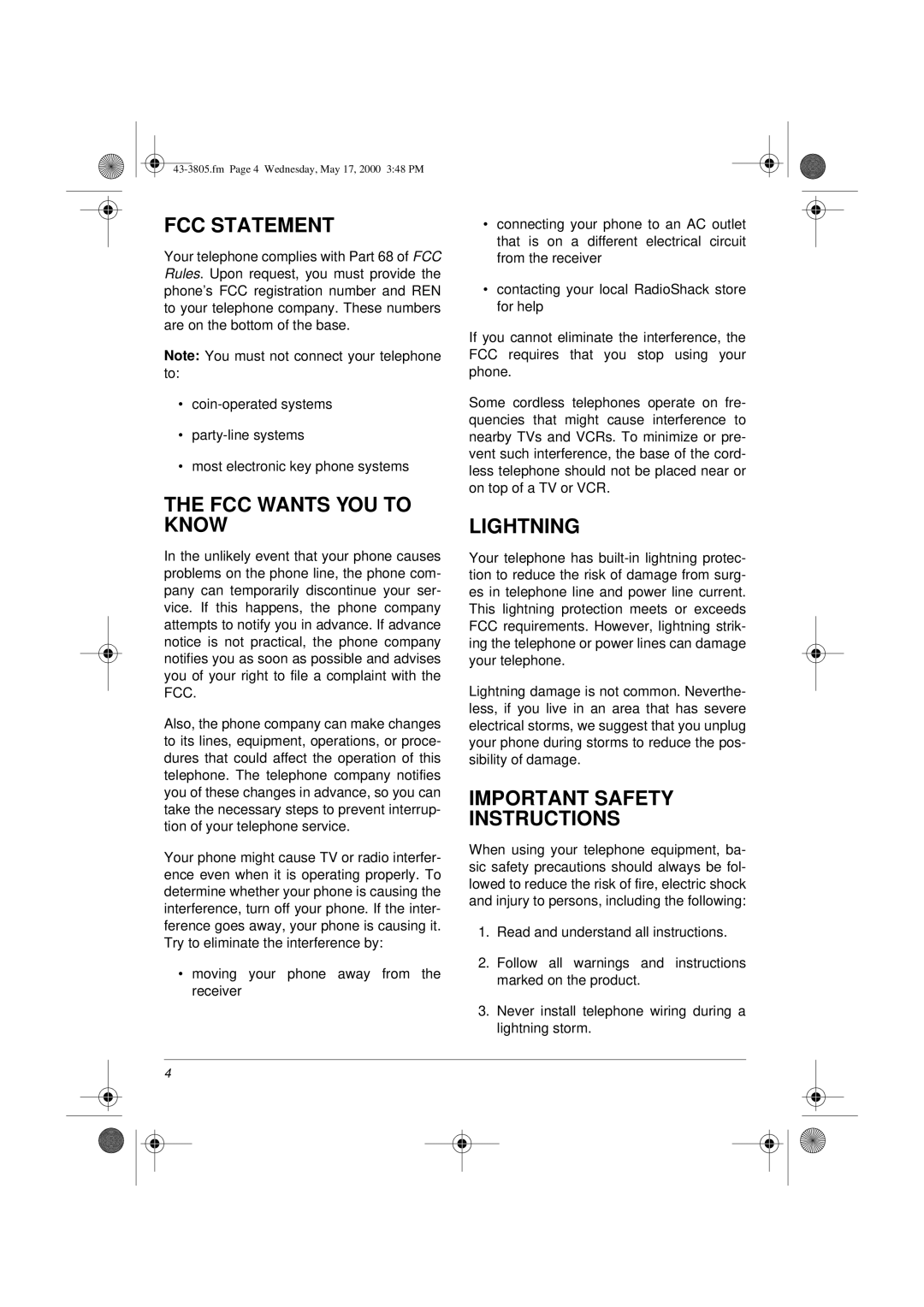 Radio Shack Digital Spread Spectrum Cordless Telephone with Digital Answering System FCC Statement, FCC Wants YOU to Know 