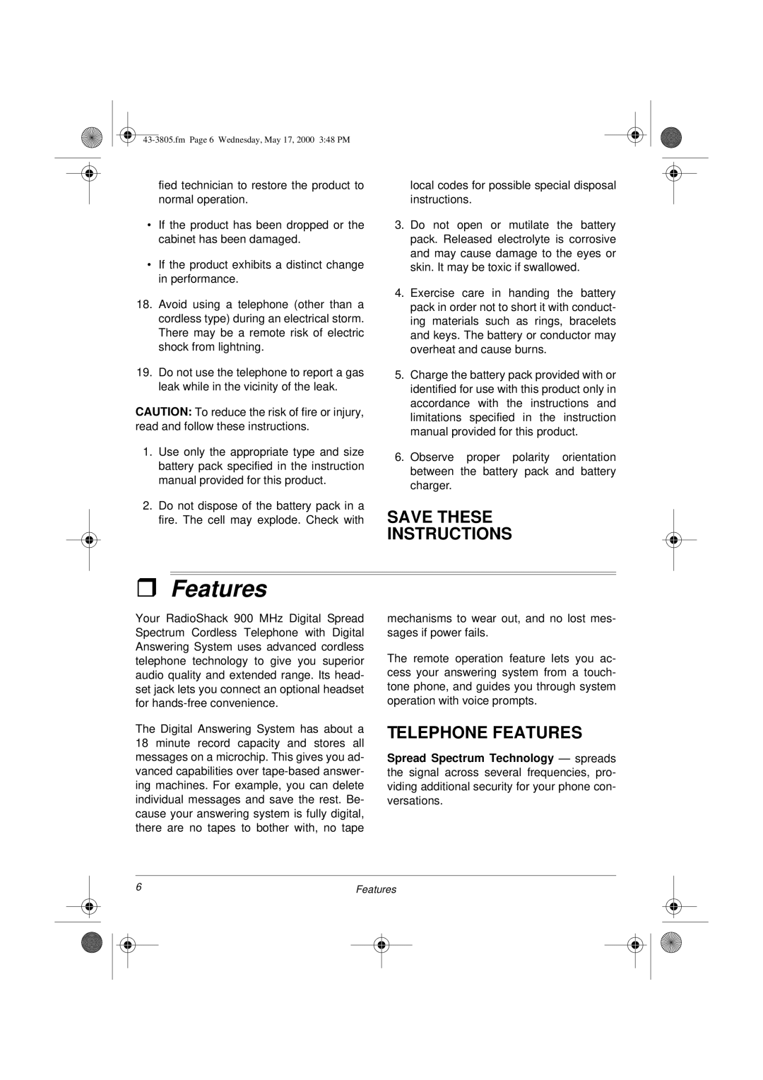 Radio Shack Digital Spread Spectrum Cordless Telephone with Digital Answering System Features, Save These Instructions 