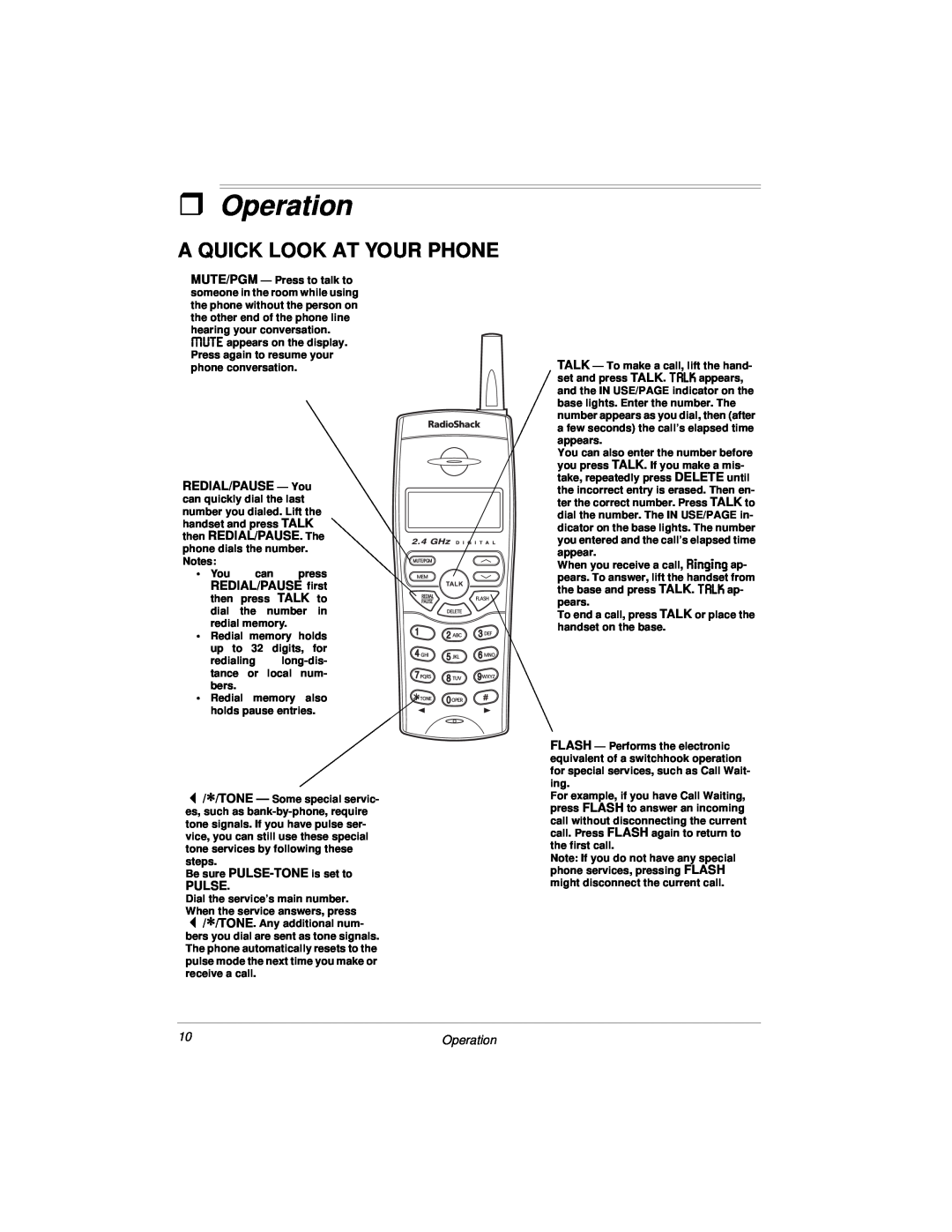 Radio Shack 2.4 GHz Digital Spread Spectrum Cordless Telephone with Call Waiting/Caller ID owner manual ˆ Operation, Pulse 