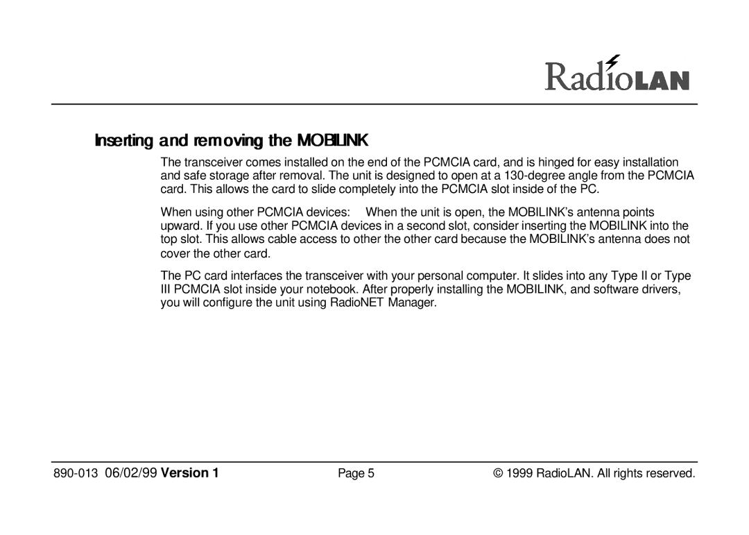 RadioLAN 140 MOBILINK manual Insertiing and removiing the Mobilink 