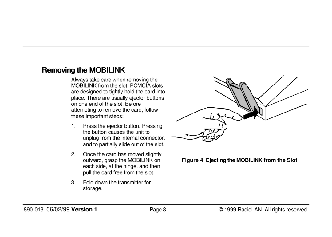 RadioLAN 140 MOBILINK manual Removiing the Mobilink, Ejecting the Mobilink from the Slot 