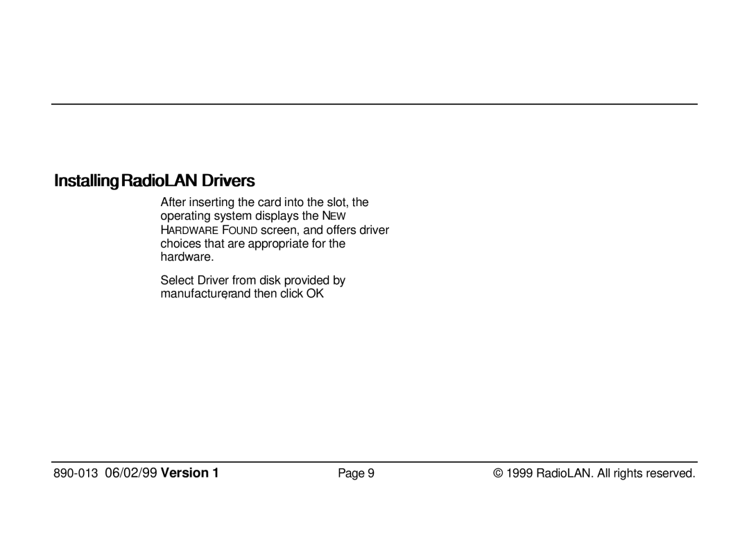 RadioLAN 140 MOBILINK manual Installing RadiioLAN Driivers, New Hardware Found Screen 