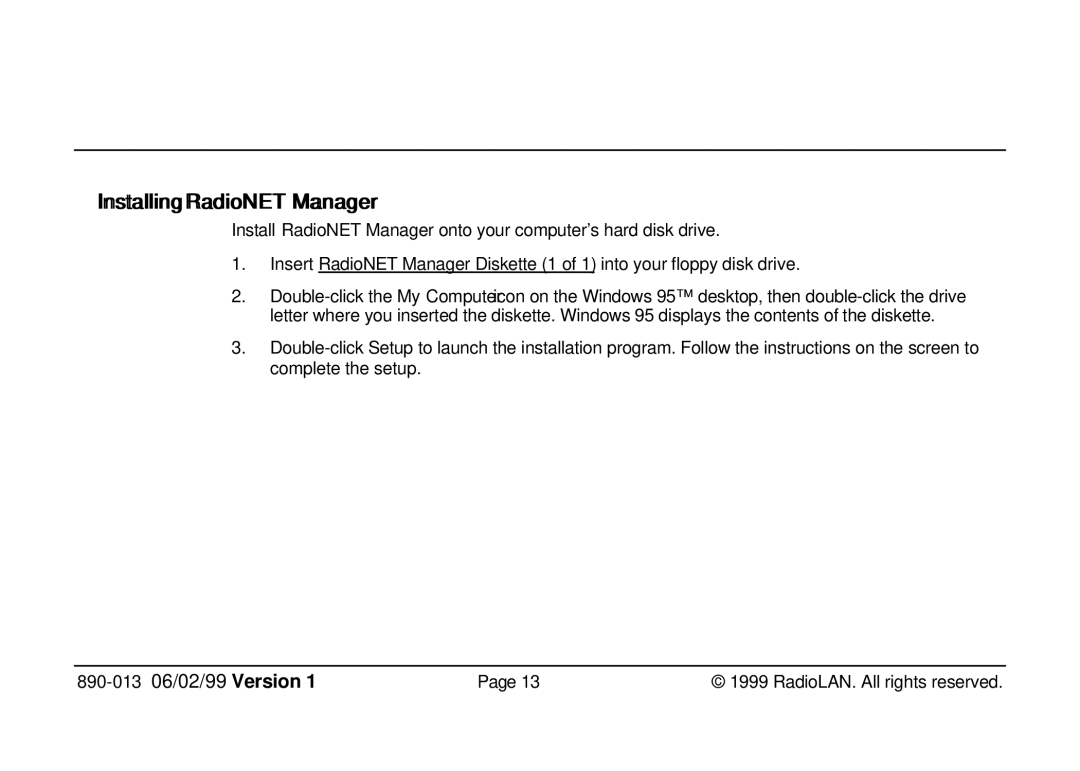 RadioLAN 140 MOBILINK manual IInstalling RadiioNET Manager 