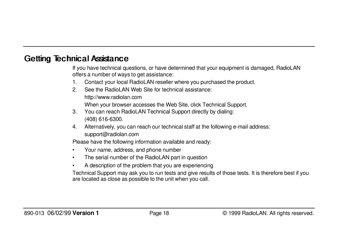 RadioLAN 140 MOBILINK manual Gettiing Techniicall Assiistance 