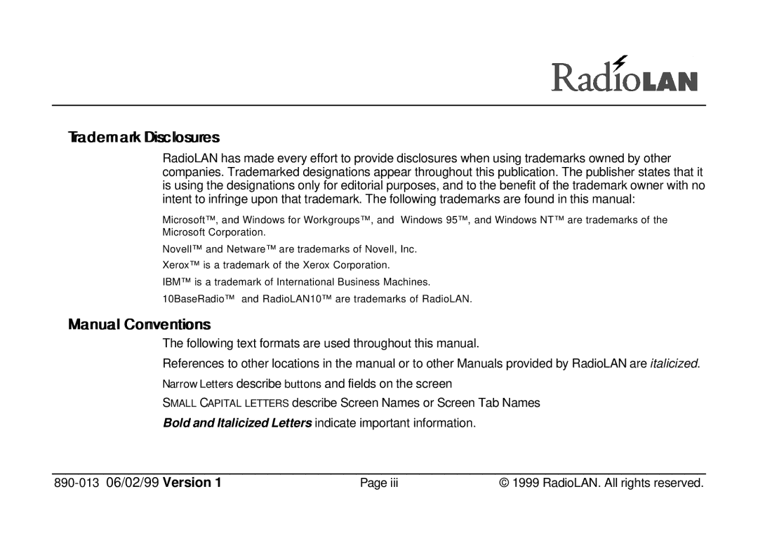 RadioLAN 140 MOBILINK manual Trademark Diiscllosures, Manuall Conventiions 