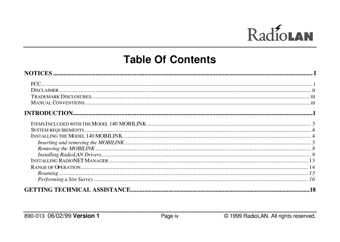 RadioLAN 140 MOBILINK manual Table Of Contents 