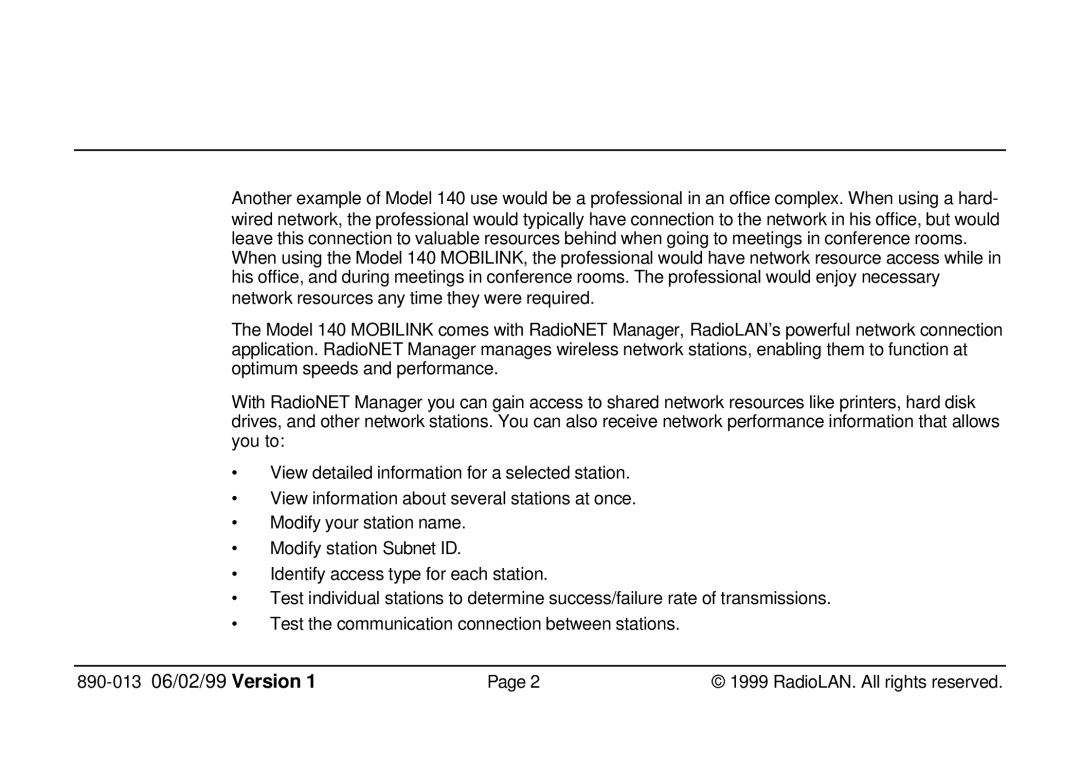 RadioLAN 140 MOBILINK manual 890-01306/02/99 Version 