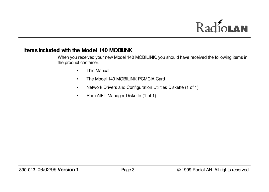 RadioLAN 140 MOBILINK manual Items IInclluded with the Modell 140 Mobiiliink 