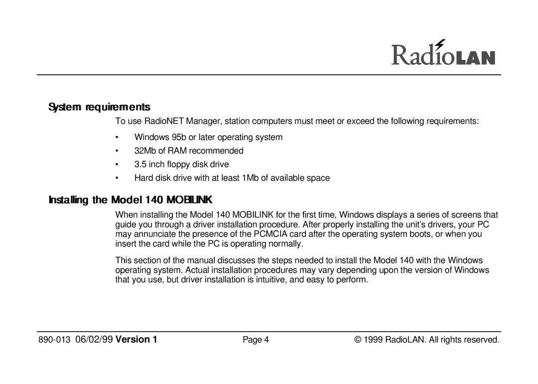 RadioLAN 140 MOBILINK manual System requirements, IInstalling the Modell 140 Mobiiliink 