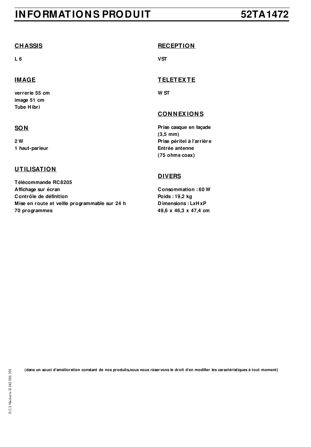 RadioLAN 52TA1472 manual Informations Produit 