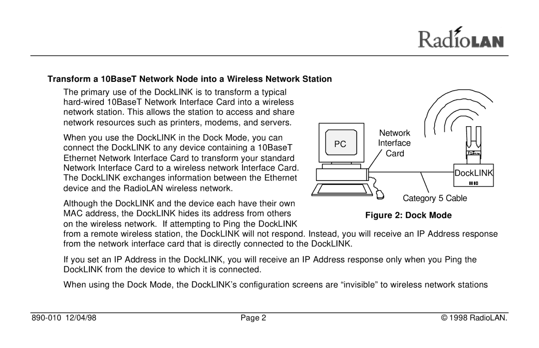 RadioLAN DockLINK manual 890-010 12/04/98 