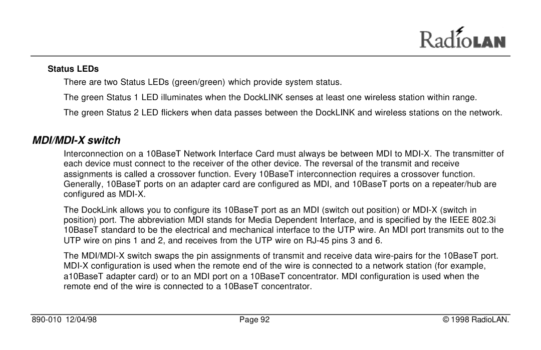 RadioLAN DockLINK manual MDI/MDI-X switch, Status LEDs 