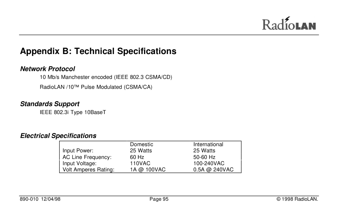 RadioLAN DockLINK manual Network Protocol, Standards Support, Electrical Specifications 