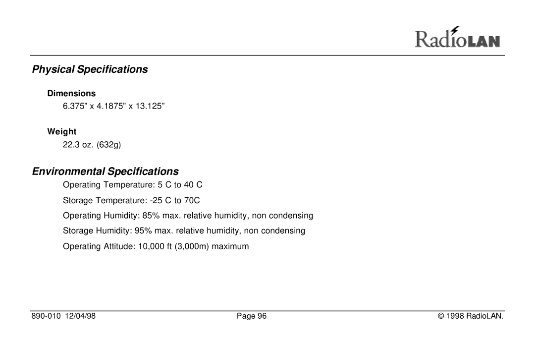 RadioLAN DockLINK manual Physical Specifications, Environmental Specifications, Dimensions, Weight 