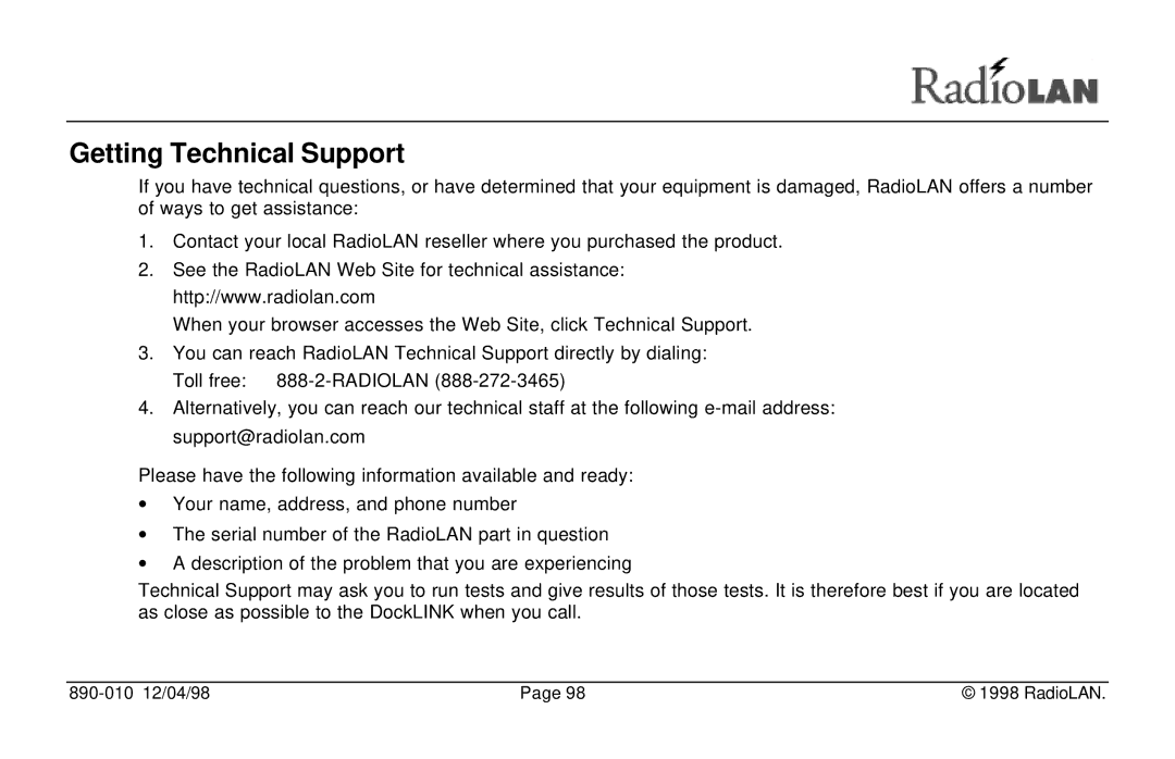 RadioLAN DockLINK manual Getting Technical Support 