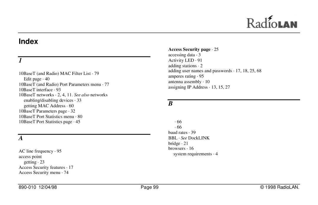 RadioLAN DockLINK manual Index 