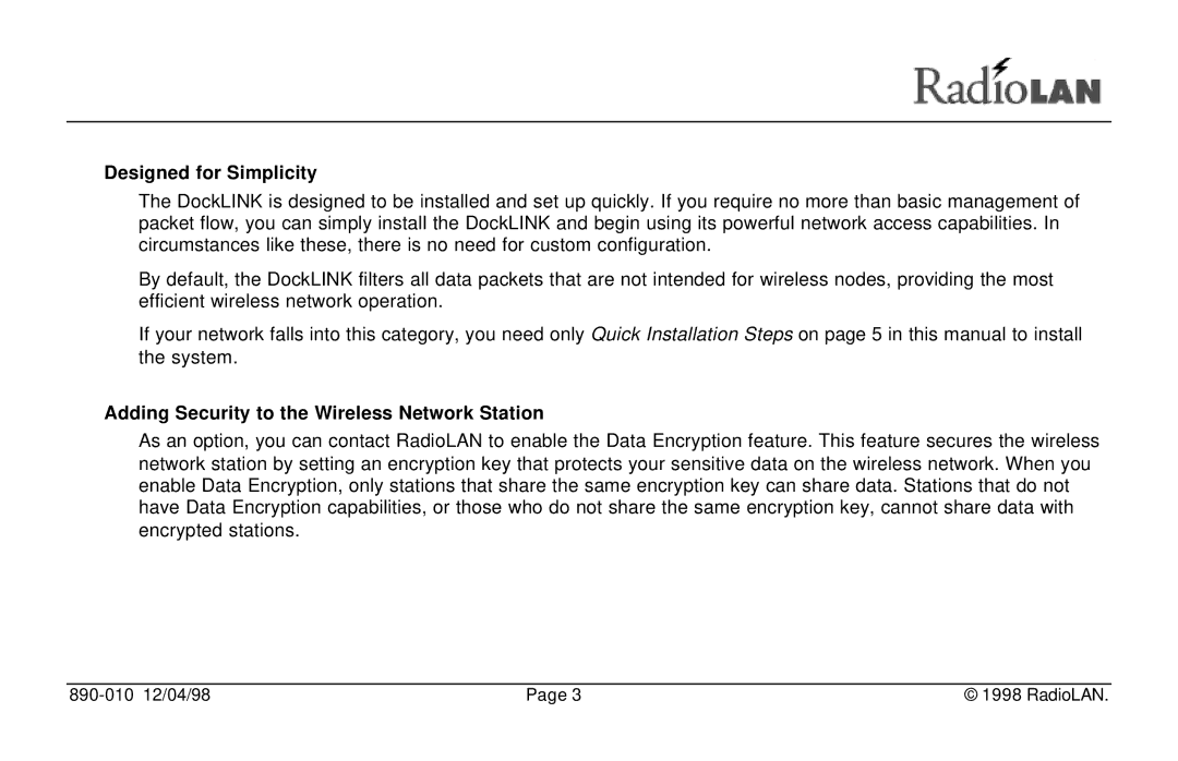 RadioLAN DockLINK manual Designed for Simplicity, Adding Security to the Wireless Network Station 