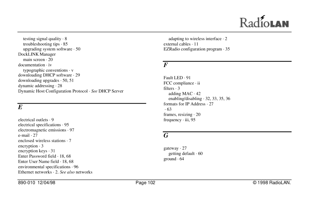 RadioLAN DockLINK manual 890-010 12/04/98 