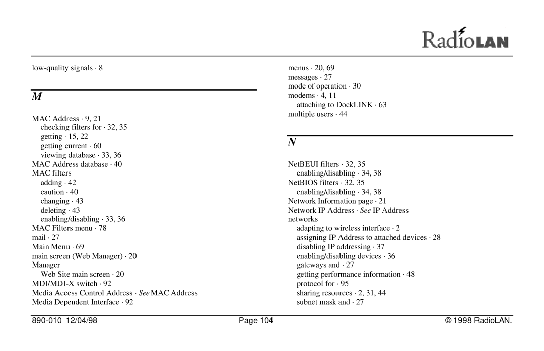 RadioLAN DockLINK manual 890-010 12/04/98 