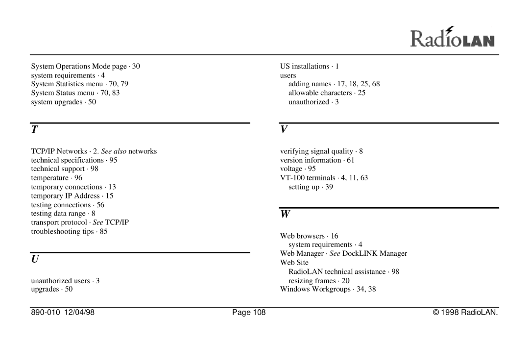 RadioLAN DockLINK manual 890-010 12/04/98 